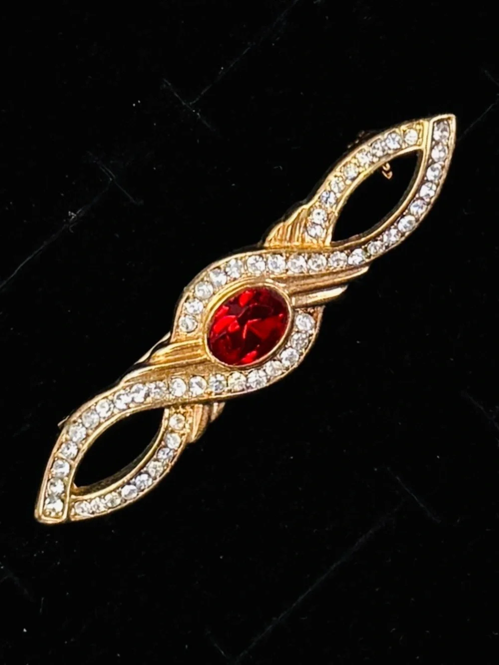 Vintage Goldtone Brooch with Bling and Red Accent  Center